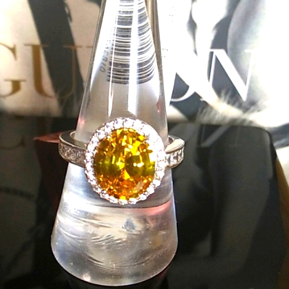 Citrine LS Swarovski Baguette Crystals Platinum Silver Halo Ring - Picture 2 of 16